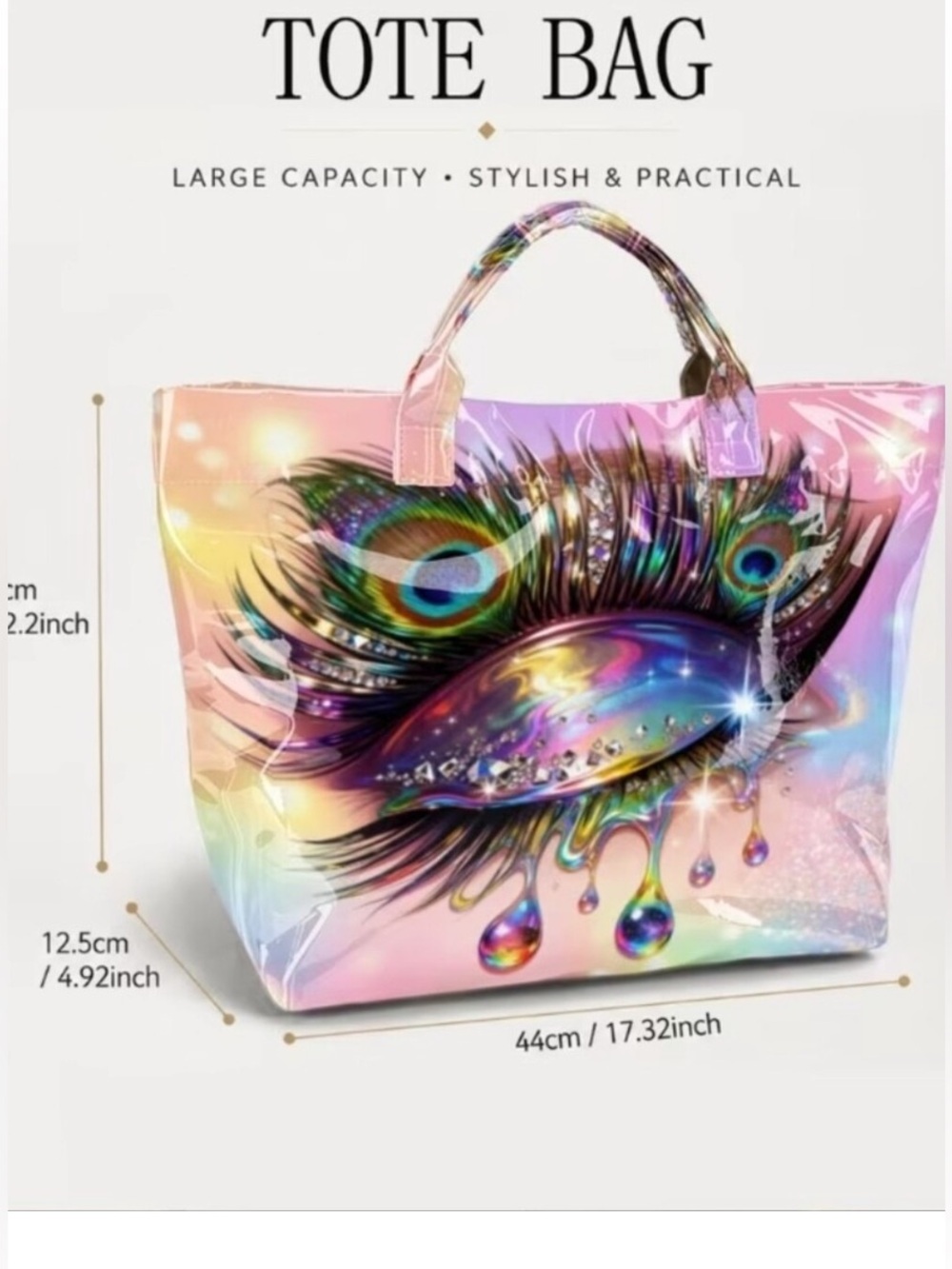 Iridescent Peacock Feather eye Pink Tote Bag - Picture 4 of 5